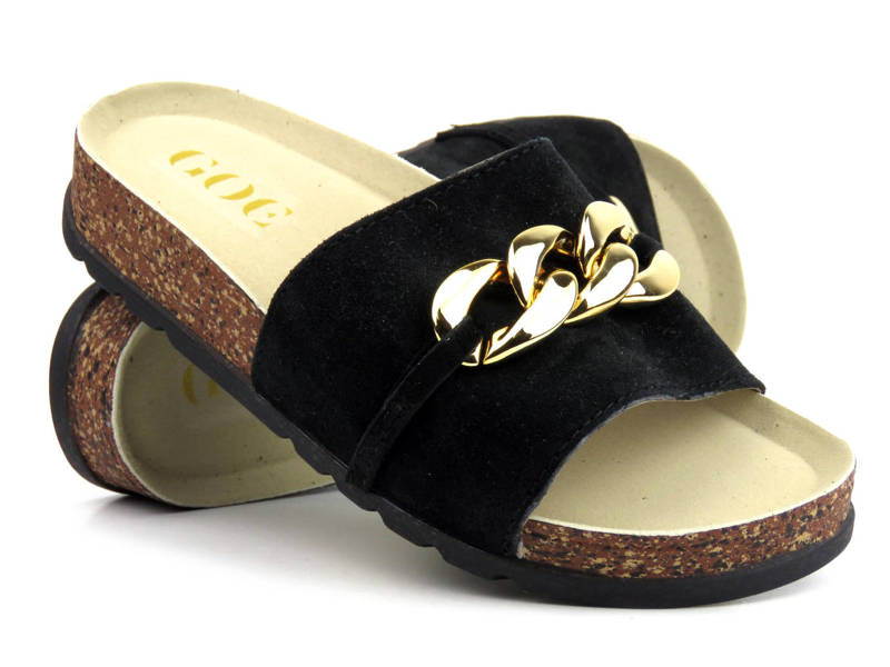 Dámské semišové pantofle se zlatým řetízkem - GOE JJ2N7006, černé