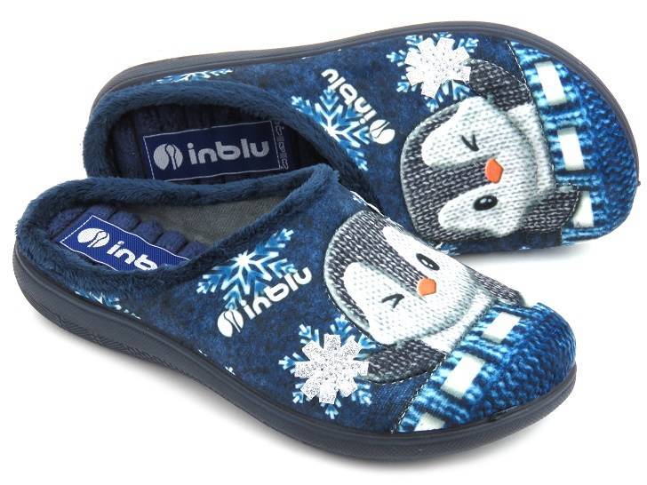 Dámské zimní pantofle, mládežnické s měkkou vsadkou - INBLU EC-81, tmavě modrá s tučňákem