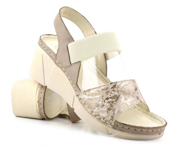 Kožené dámské sandály na klínku - HELIOS Komfort 118, ecru