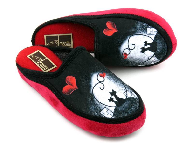 Měkké dámské pantofle s koťaty - MANITU 330000-04, černo-červené
