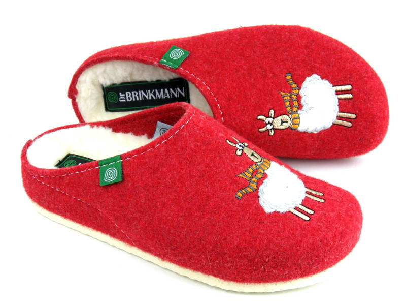 Teplé dámské plstěné pantofle s vlnou - Dr BRINKMANN 320083-04, červené s ovečkou