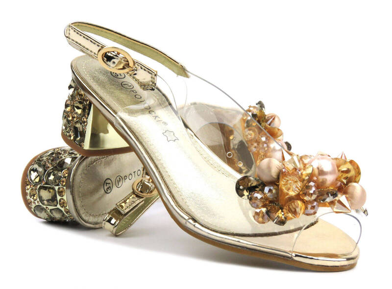 Transparentní dámské sandály na vysokém podpatku - Potocki 24-43300, zlaté