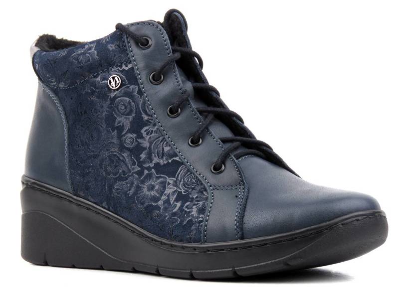 Dámské kožené kotníkové boty s květinami - HELIOS Komfort 537, tmavě modrá