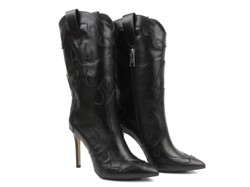 Kožené boty, dámské kovbojské boty na vysokém podpatku - CARINII B9360, černé