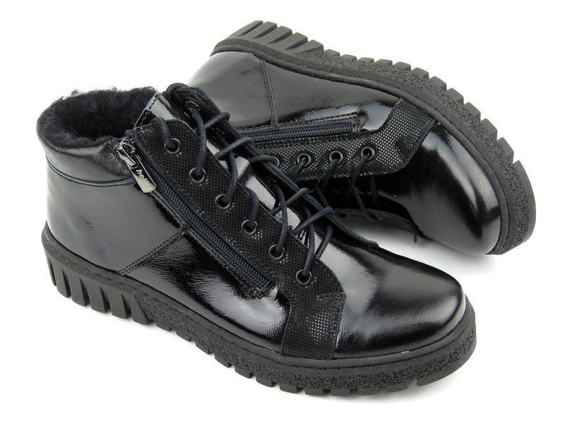 Dámské zimní boty zateplené ovčí vlnou - HELIOS Komfort 522, černá - lakovaná kůže