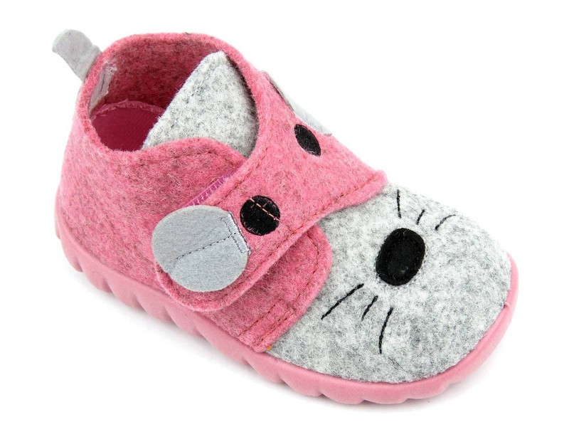 Plstěné dětské pantofle s myší - BEFADO 526P104, růžové a šedé