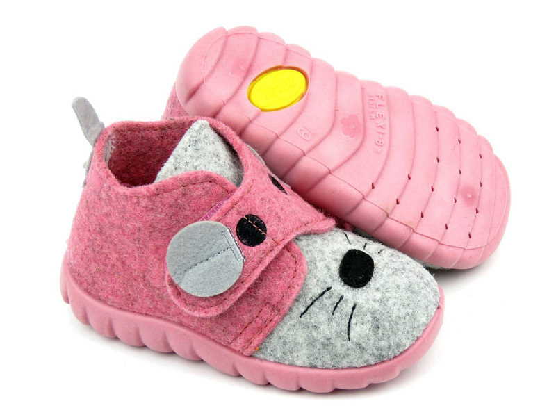 Plstěné dětské pantofle s myší - BEFADO 526P104, růžové a šedé