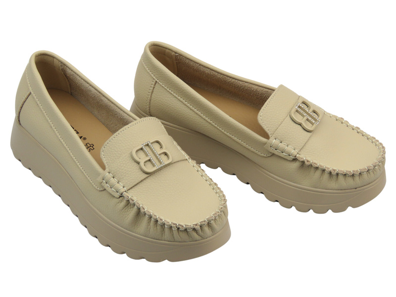 Polobotky, dámské mokasíny z přírodní kůže béžové Vinceza 66771