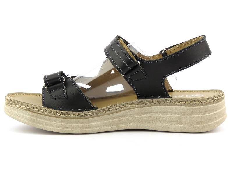 Kožené dámské sandály na platformě s copánkovým lemem - Helios Komfort 239, černá