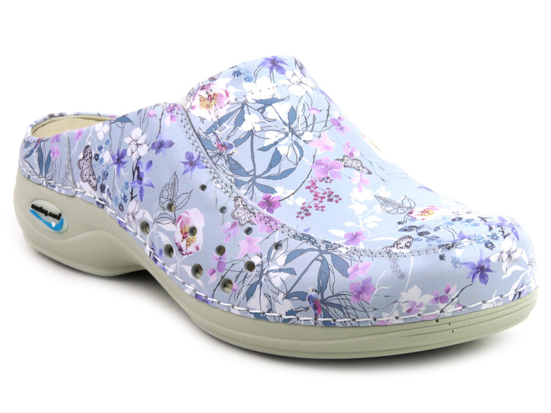 Pohodlné dámské kožené, zdravotní žabky - Nursing Care WG4AF18, fialové s květinami