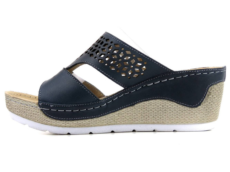 Dámské kožené žabky s ozdobným klínkem - HELIOS Komfort 269, tmavě modrá