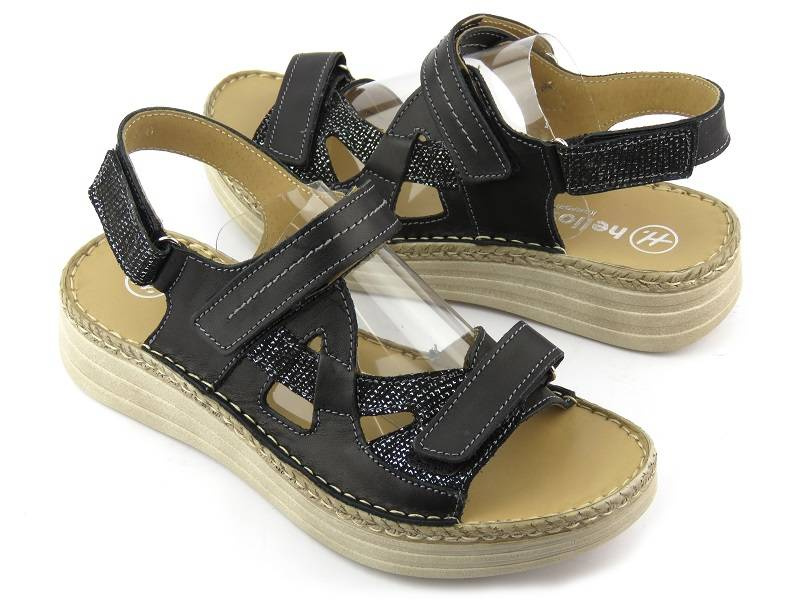 Kožené dámské sandály na platformě s copánkovým lemem - Helios Komfort 239, černá