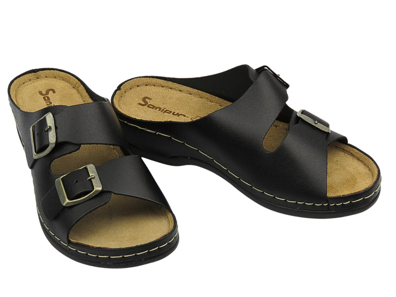 Pohodlné dámské pantofle z černé pravé kůže Sanipur 06-01