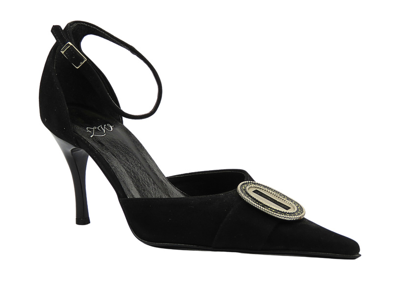 Kožené lodičky na podpatku Zygmunt 358 černé s ozdobnou sponou