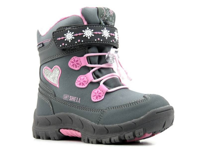 Dětské sněhule AMERICAN CLUB Soft Shell HL 38/23, šedé a růžové se srdíčkem