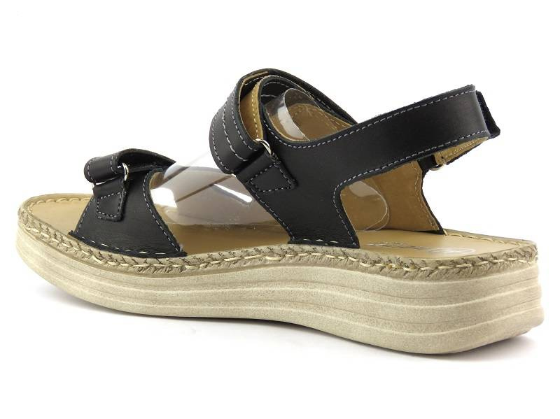Kožené dámské sandály na platformě s copánkovým lemem - Helios Komfort 239, černá