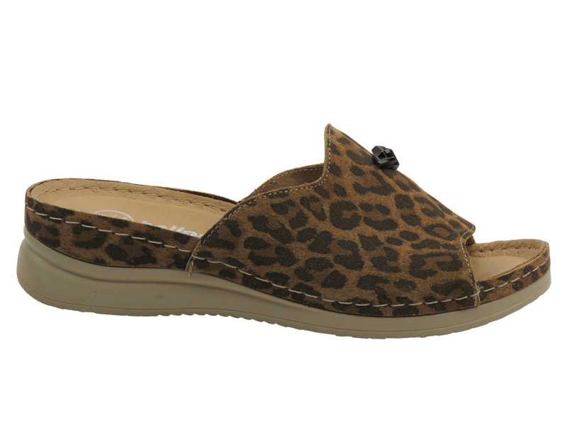 Kožené dámské pantofle hnědé s leopardím vzorem Helios Komfort 141