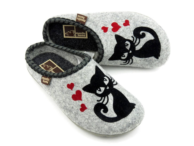Lehké, plstěné dámské pantofle s koťátkem - MANITU 320032-91, šedé