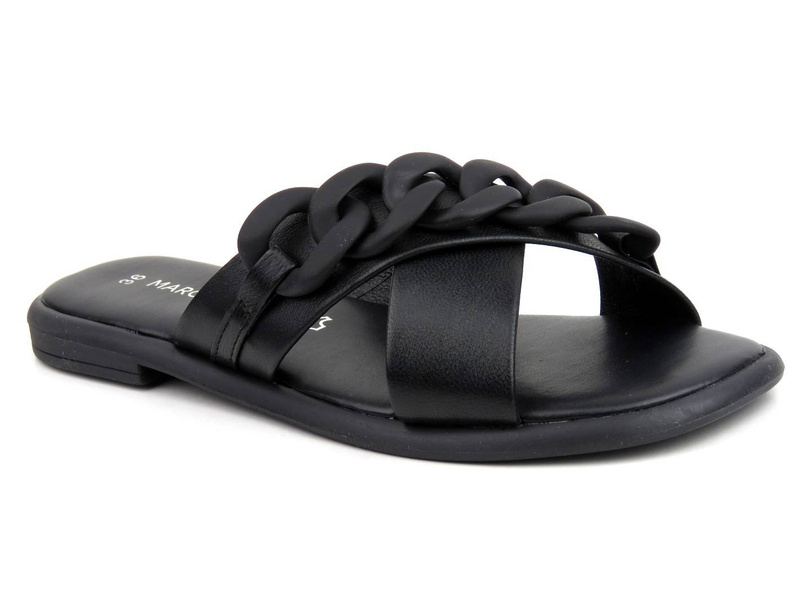 Dámské kožené pantofle s ozdobným řetízkem - MARCO TOZZI 27121, černé