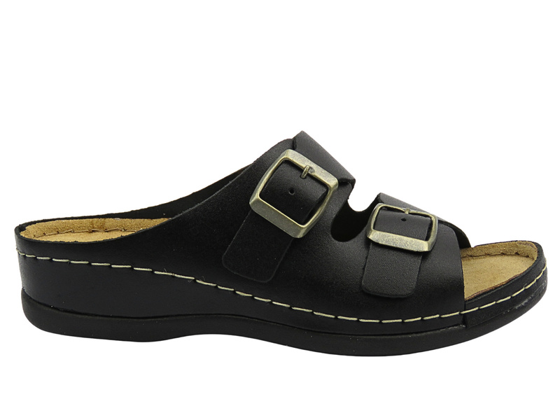 Pohodlné dámské pantofle z černé pravé kůže Sanipur 06-01