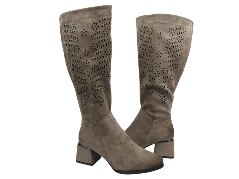 Ažurové kotníkové boty na jemném podpatku khaki Potocki 24-12506