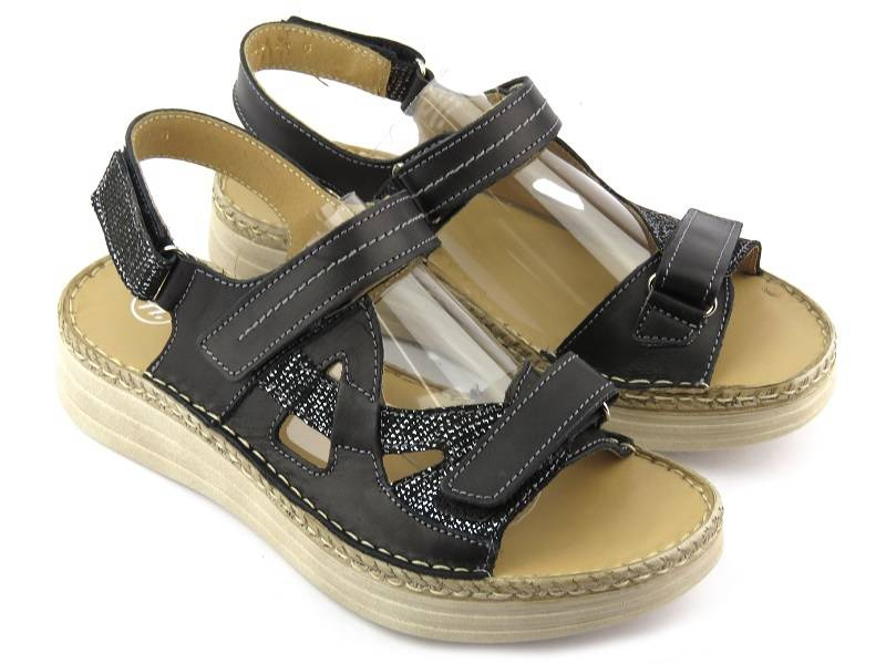 Kožené dámské sandály na platformě s copánkovým lemem - Helios Komfort 239, černá