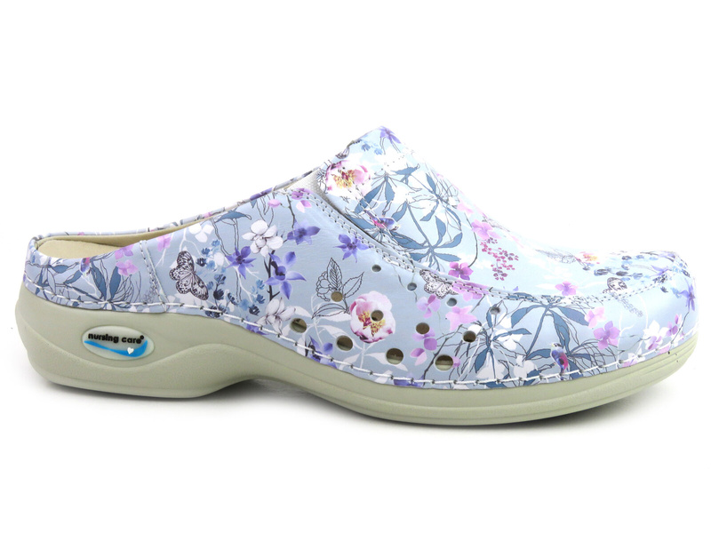 Pohodlné dámské kožené, zdravotní žabky - Nursing Care WG4AF18, fialové s květinami
