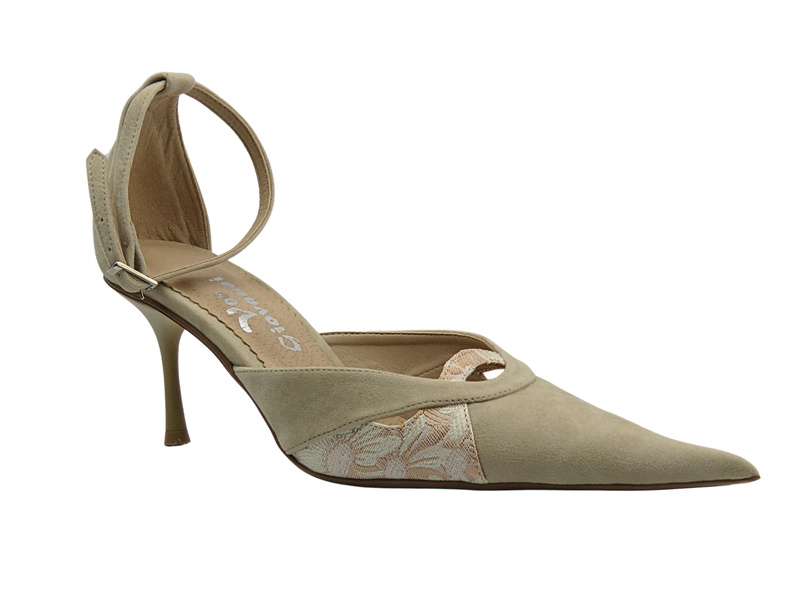 Lodičky na podpatku Ver Giovanni 527/13/M béžové s výšivkou a páskem