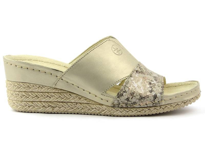 Dámské kožené sandály na klínku - HELIOS Komfort 295, zlaté