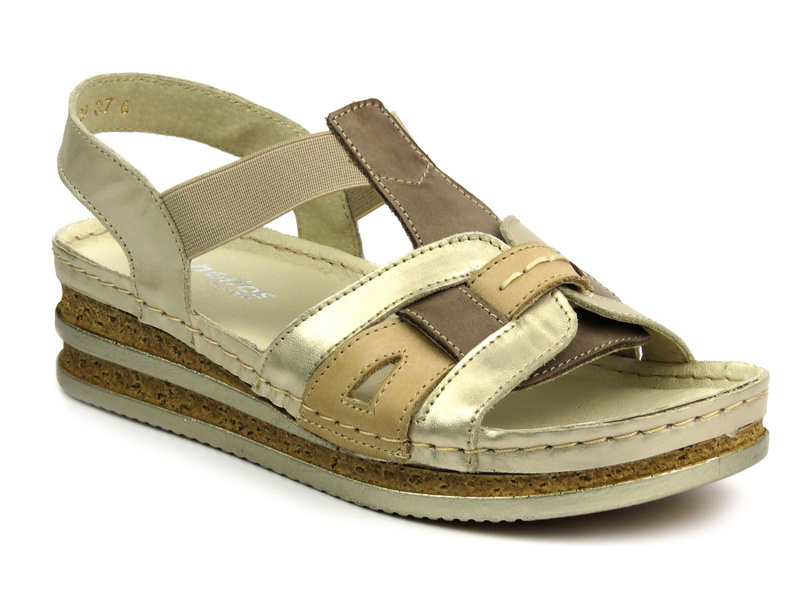 Dámské kožené sandály na jemném klínku zlaté Helios Komfort 129