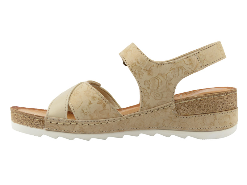 Pohodlné dámské kožené sandály Wasak 0620, béžové s květinovým vzorem
