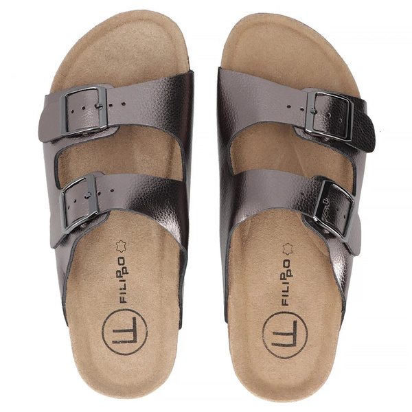 Kožené dámské pantofle s přezkami, metalické Filippo DK7062/25