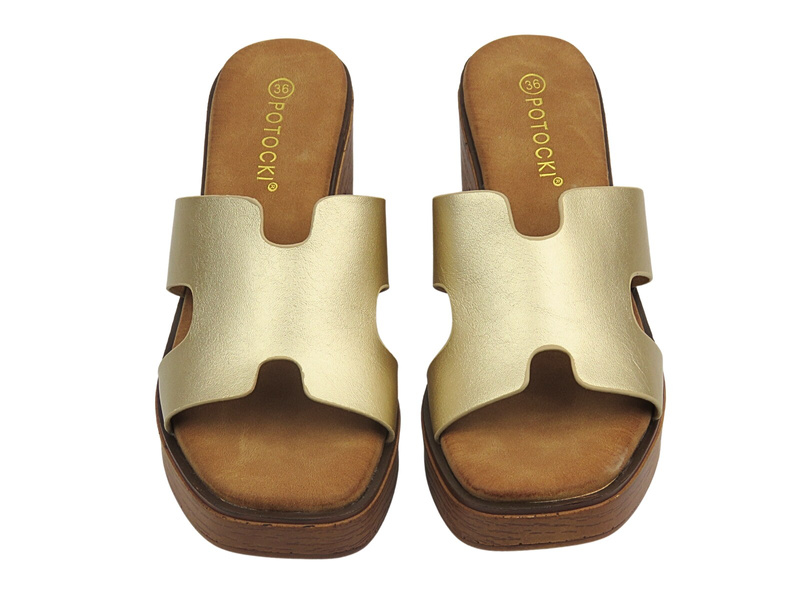 Dámské pantofle na podpatku zlaté Potocki 25-21355