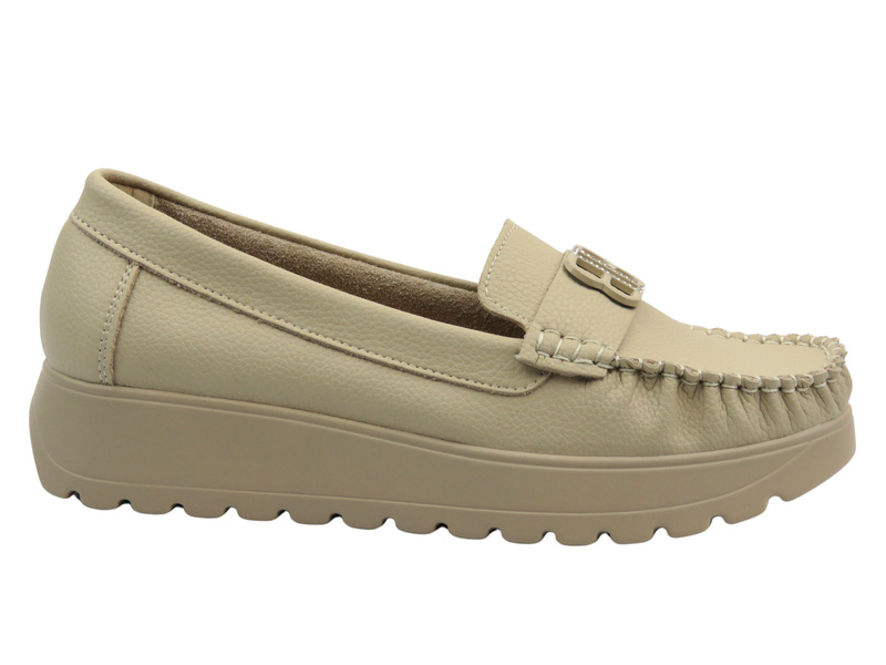 Polobotky, dámské mokasíny z přírodní kůže béžové Vinceza 66771