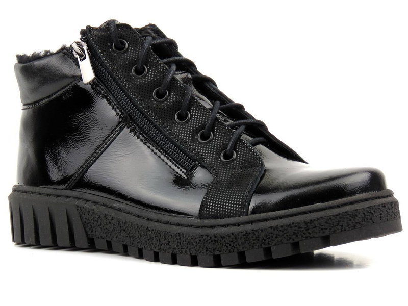 Dámské zimní boty zateplené ovčí vlnou - HELIOS Komfort 522, černá - lakovaná kůže