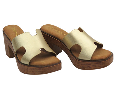 Dámské pantofle na podpatku zlaté Potocki 25-21355