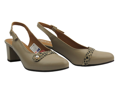 Kožené béžové lodičky na podpatku s leopardím vzorem GALANT 3205