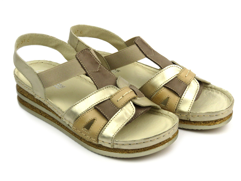 Dámské kožené sandály na jemném klínku zlaté Helios Komfort 129