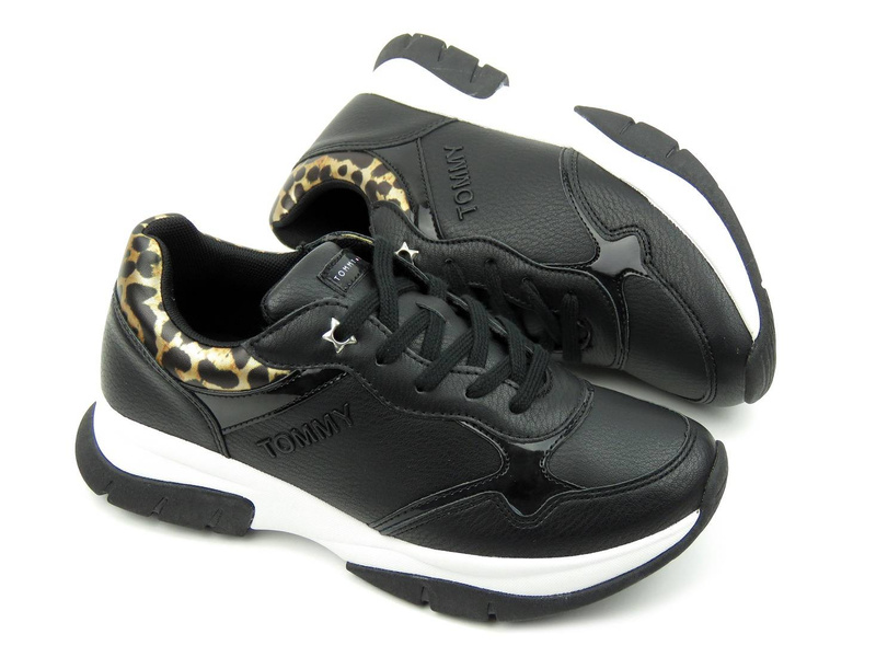 Sportovní boty, dámské tenisky - TOMMY HILFIGER T3A4-31173-1242999, černé s leopardím potiskem