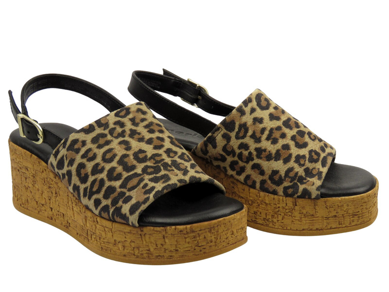 Dámské sandály na vysokém klínku - Tamaris 1-28393-42, béžové s leopardím vzorem