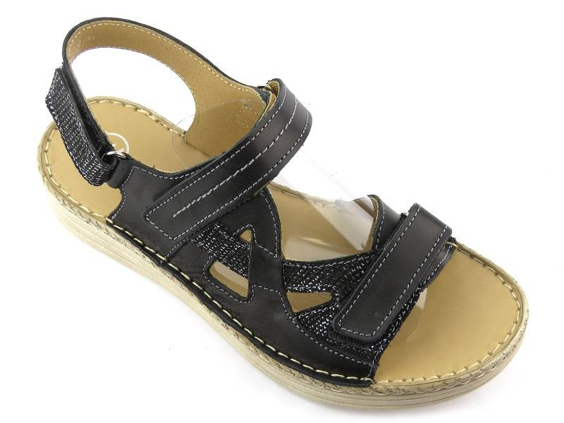 Kožené dámské sandály na platformě s copánkovým lemem - Helios Komfort 239, černá