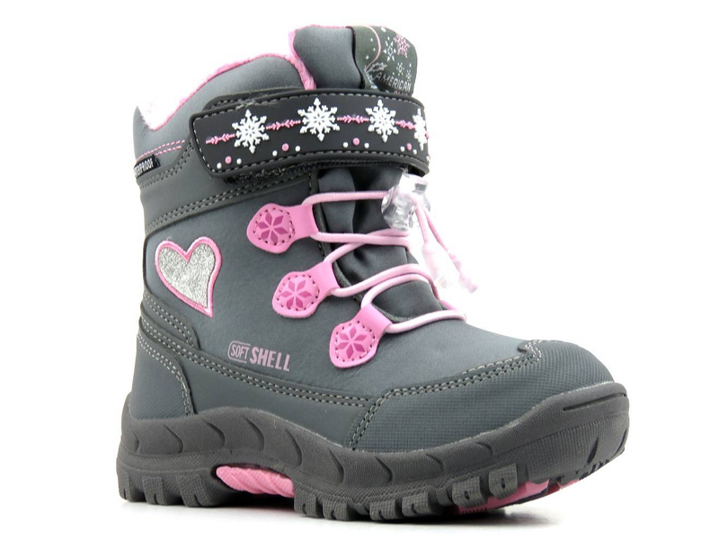 Dětské sněhule AMERICAN CLUB Soft Shell HL 38/23, šedé a růžové se srdíčkem