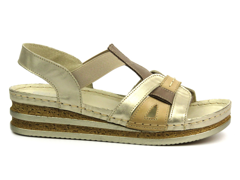 Dámské kožené sandály na jemném klínku zlaté Helios Komfort 129