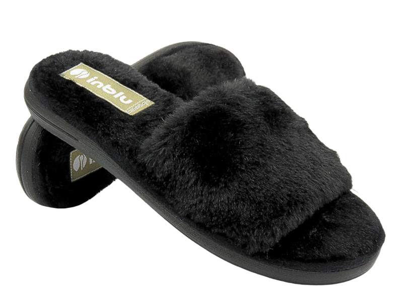 Dámské pantofle s umělou kožešinou bez krku - INBLU EK-11/2 Black Slip-On
