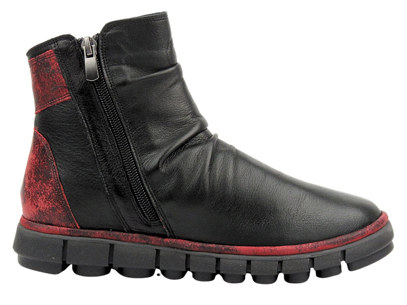 Dámské kotníkové boty na dva zipy - MANITU 990164-04, černé s červenými doplňky