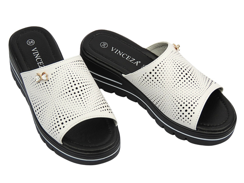 Dámské kožené nazouváky na jemném klínku, bílé – Vinceza 41477