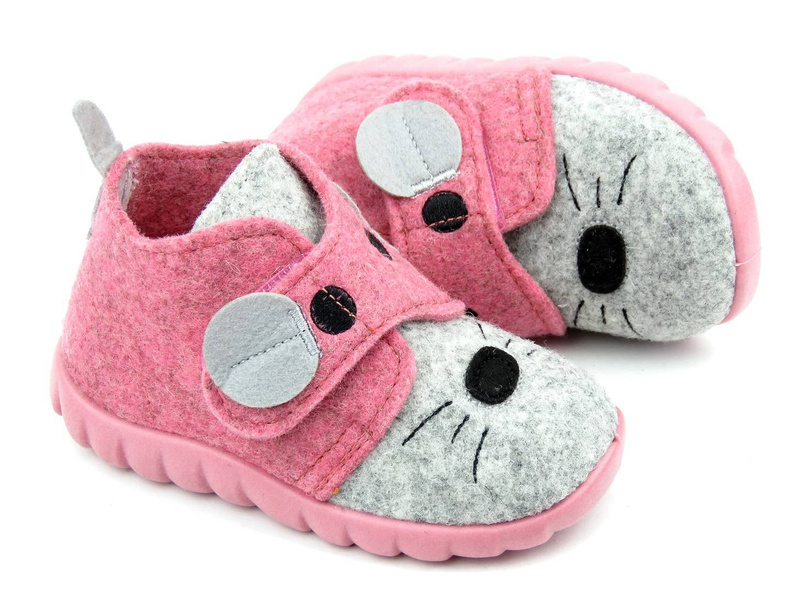 Plstěné dětské pantofle s myší - BEFADO 526P104, růžové a šedé