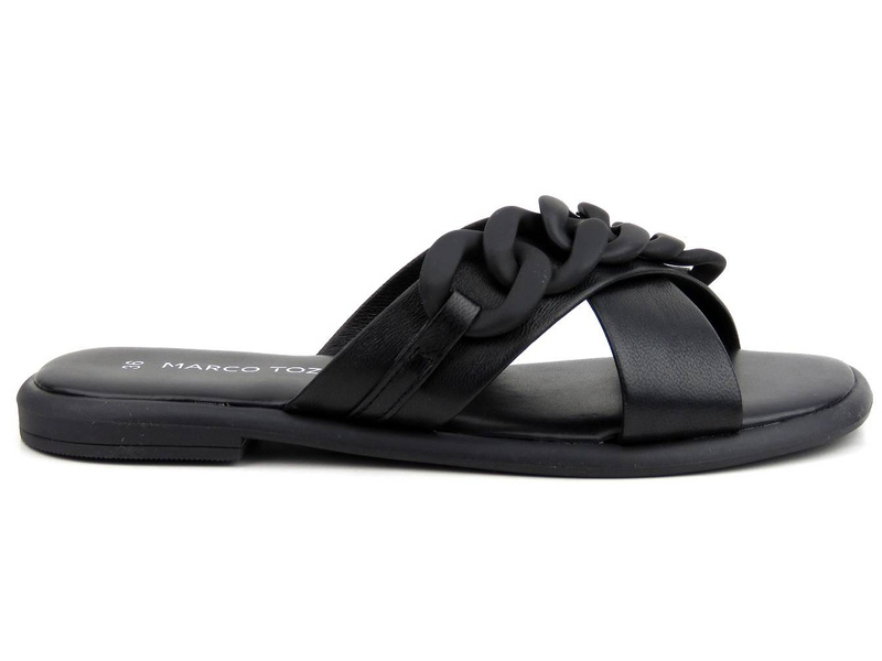 Dámské kožené pantofle s ozdobným řetízkem - MARCO TOZZI 27121, černé