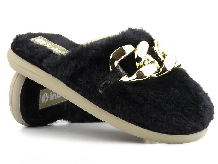 Dámské kožešinové pantofle s řetízkem - INBLU EK-06, černé
