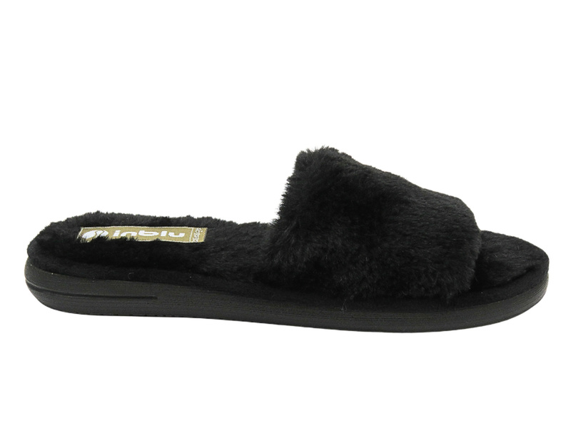 Dámské pantofle s umělou kožešinou bez krku - INBLU EK-11/2 Black Slip-On